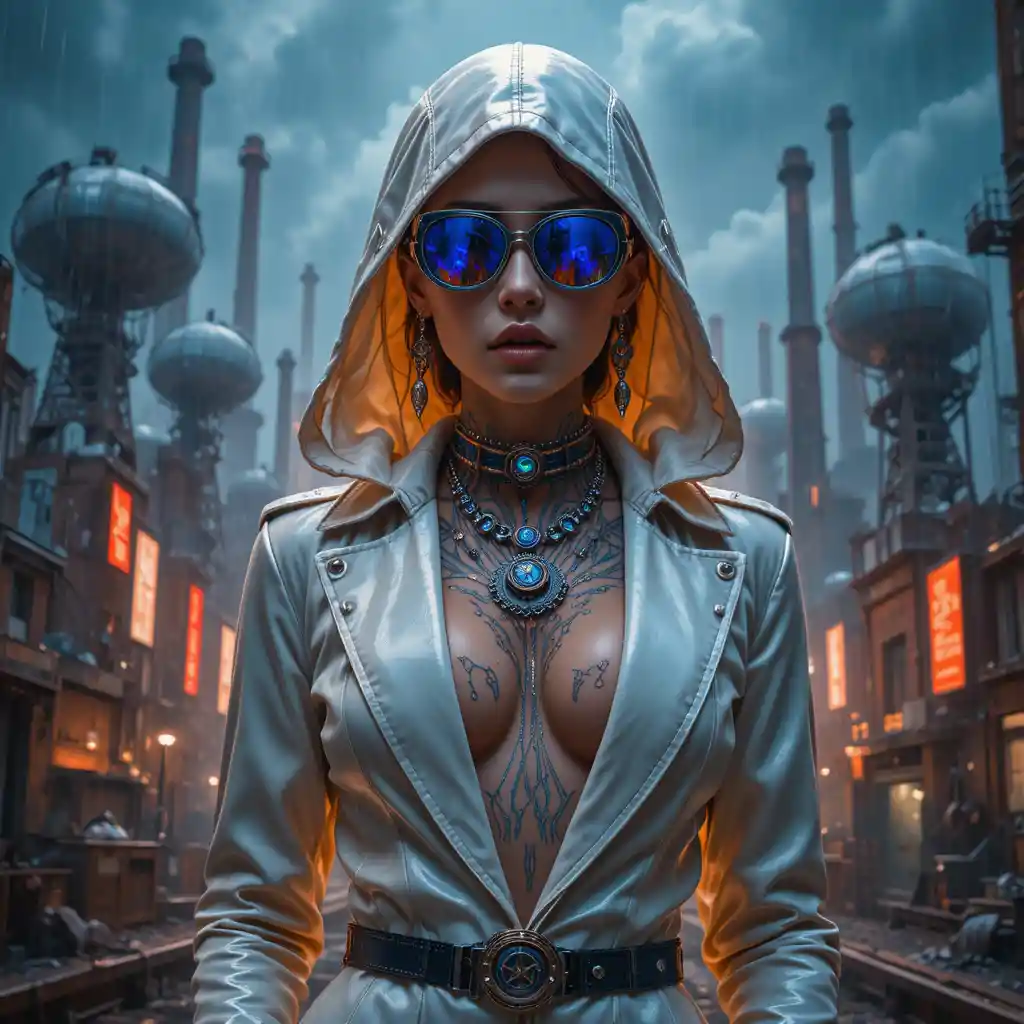 Cyberpunk outlaw woman in glowing industrial portrait