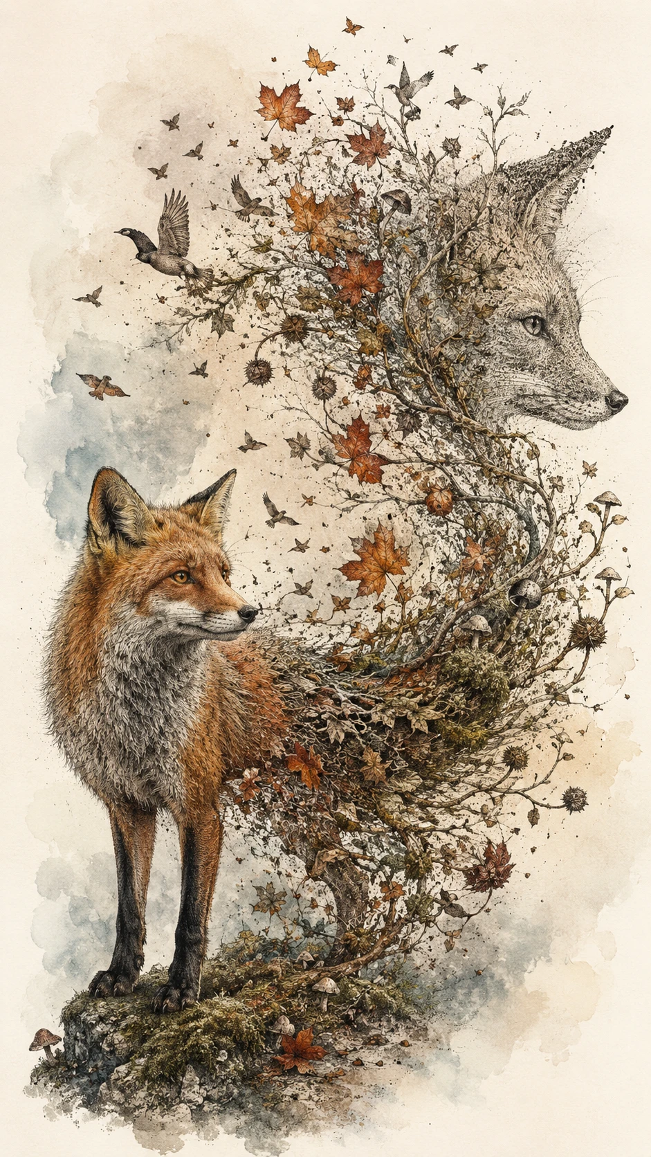 Fox dissolving into swirling botanical forms in empty space