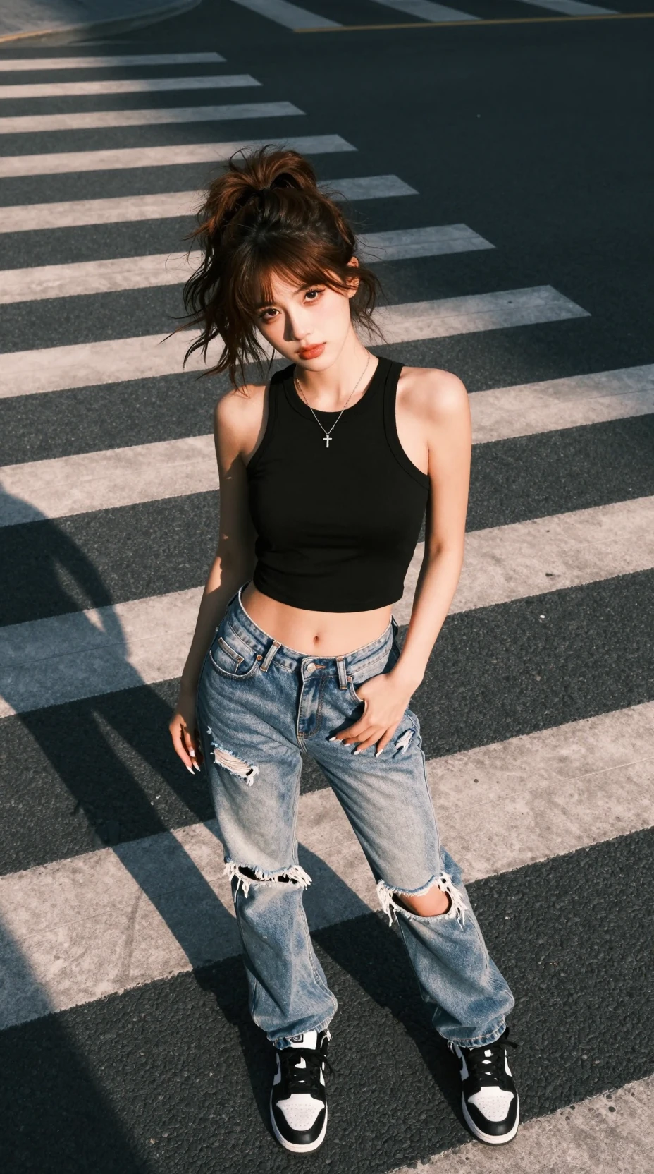 Young woman on city crosswalk looking up at camera