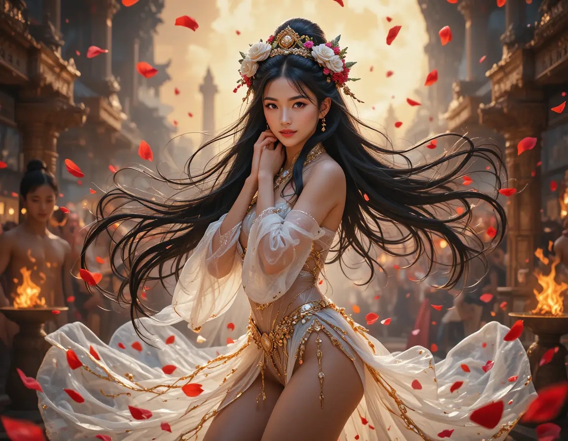 Fantasy dancer surrounded by rose petals and moonlit fire