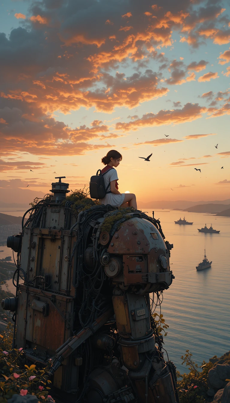 Schoolgirl on ruined robot watching the sunset sea