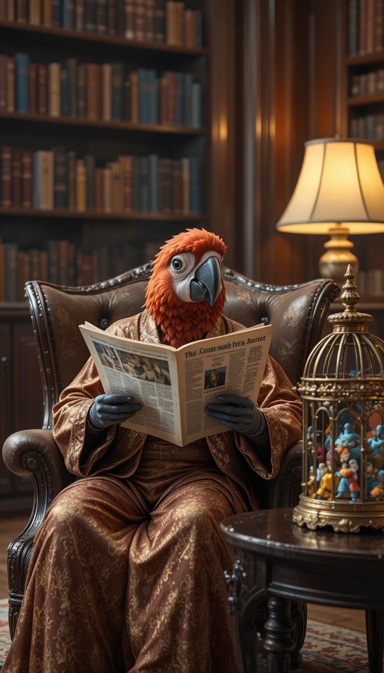 Cinematic close up of a parrot reading in an armchair