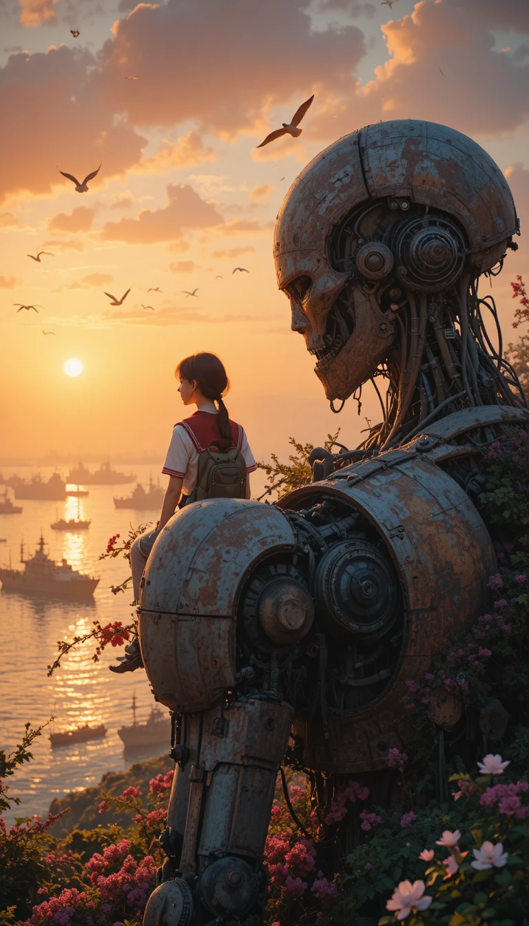 Anime schoolgirl on ruined robot at sunset by the sea
