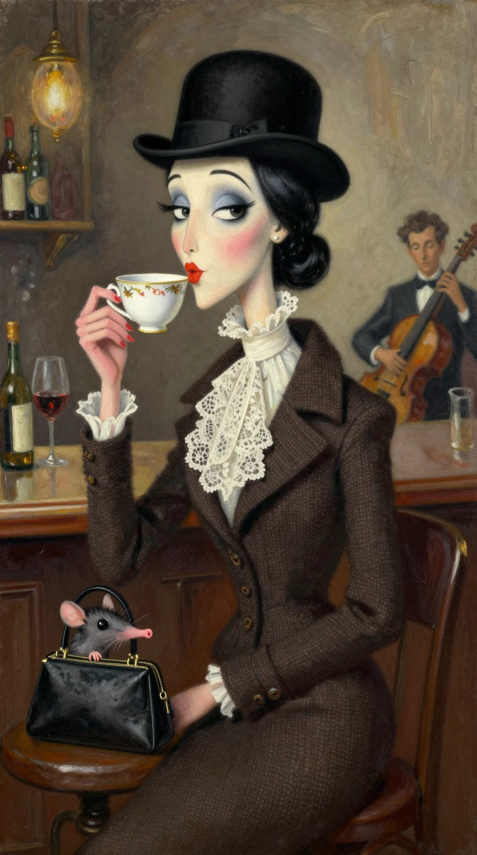 Caricature fashion woman with swan neck sipping tea