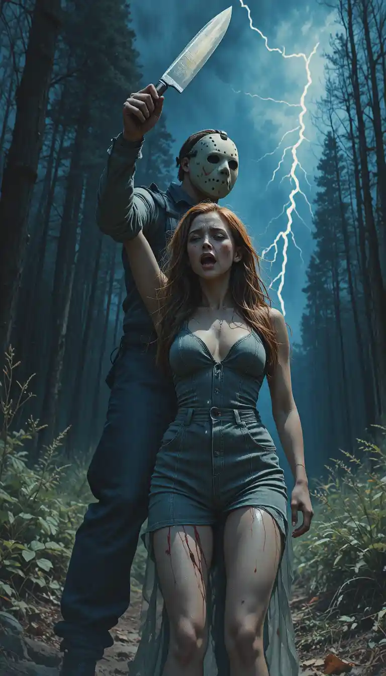 Terrified teenage girl in lightning lit night forest scene