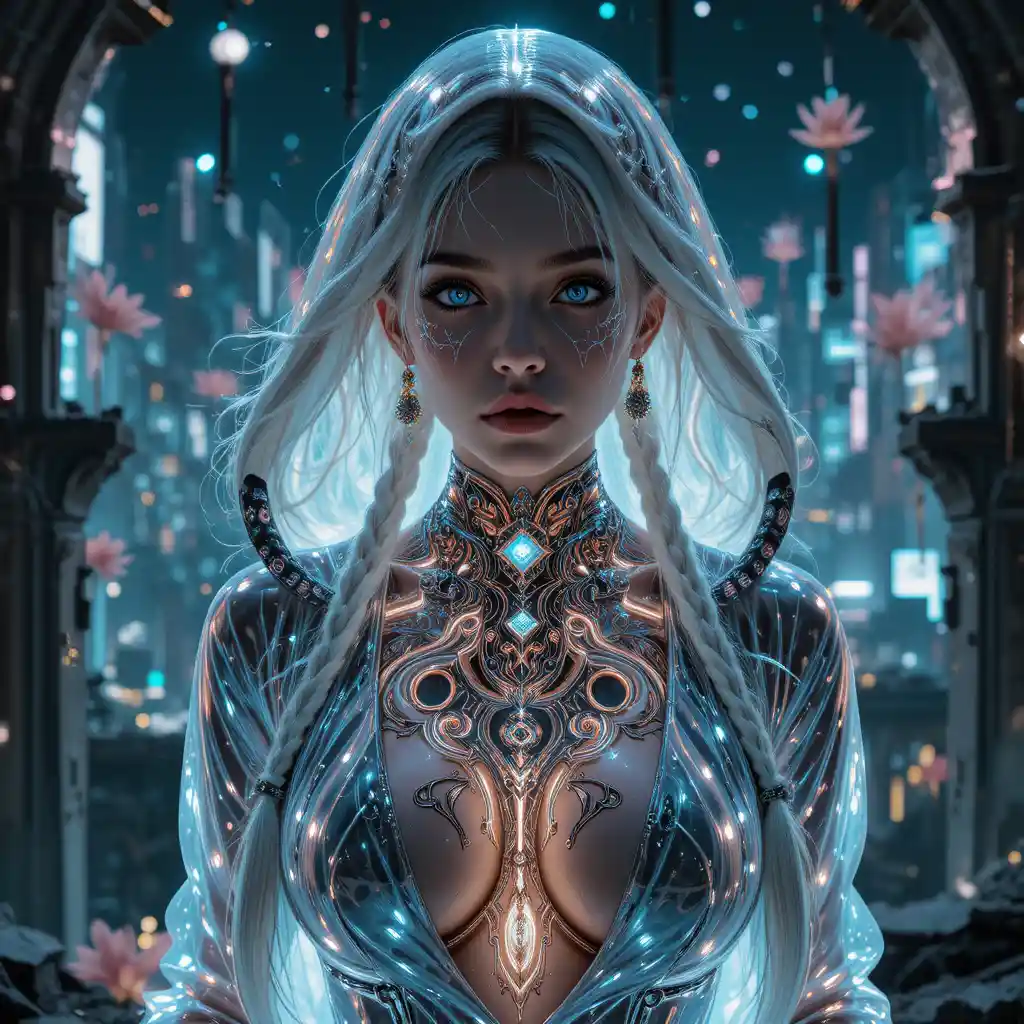 Surreal space punk goddess in neon sci fi sanctuary
