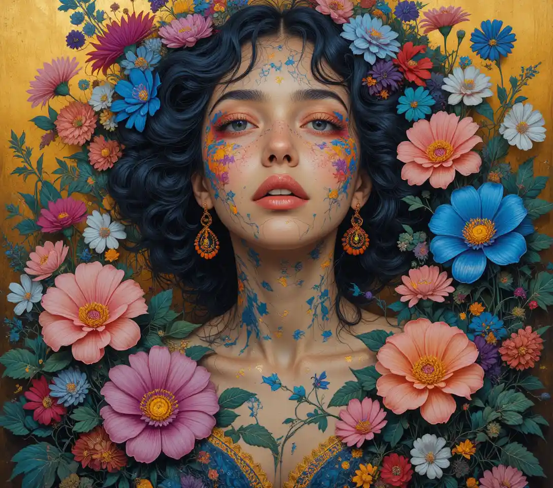 Woman surrounded by lush flowers in dreamy figurative painting