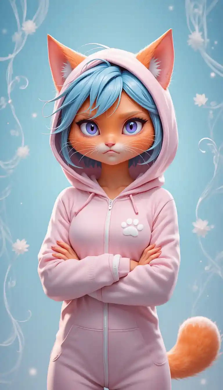 Grumpy orange cat character in pink hooded pajamas