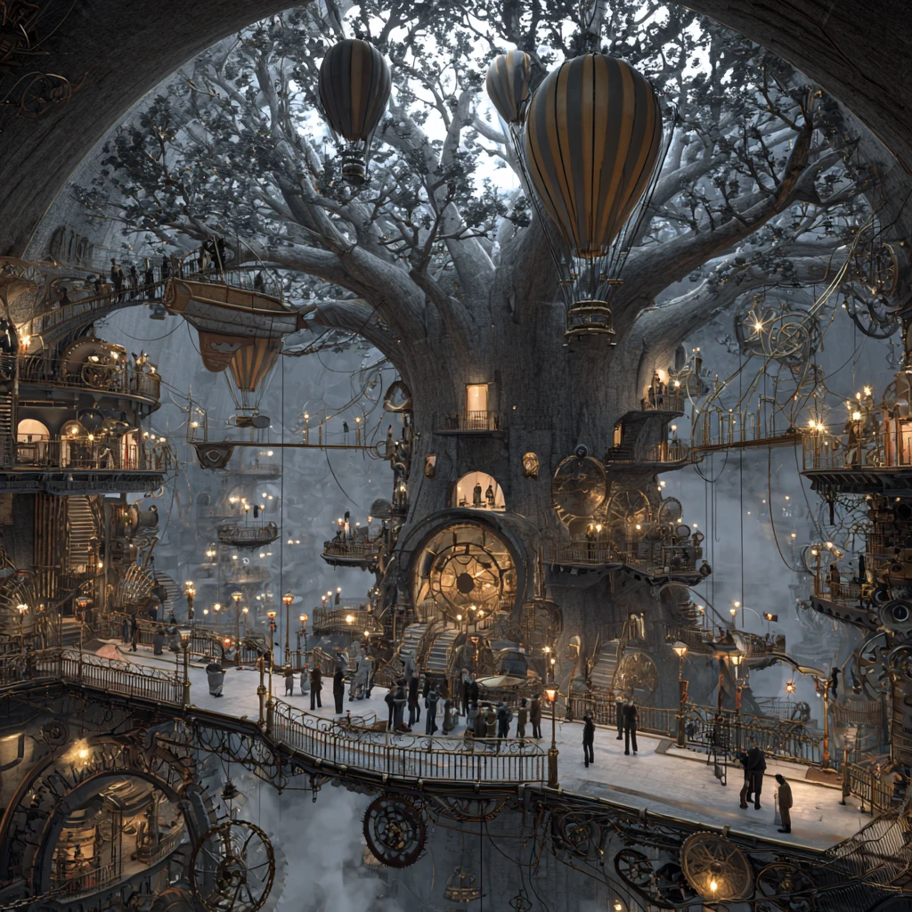 Majestic steampunk city carved inside a colossal ancient tree