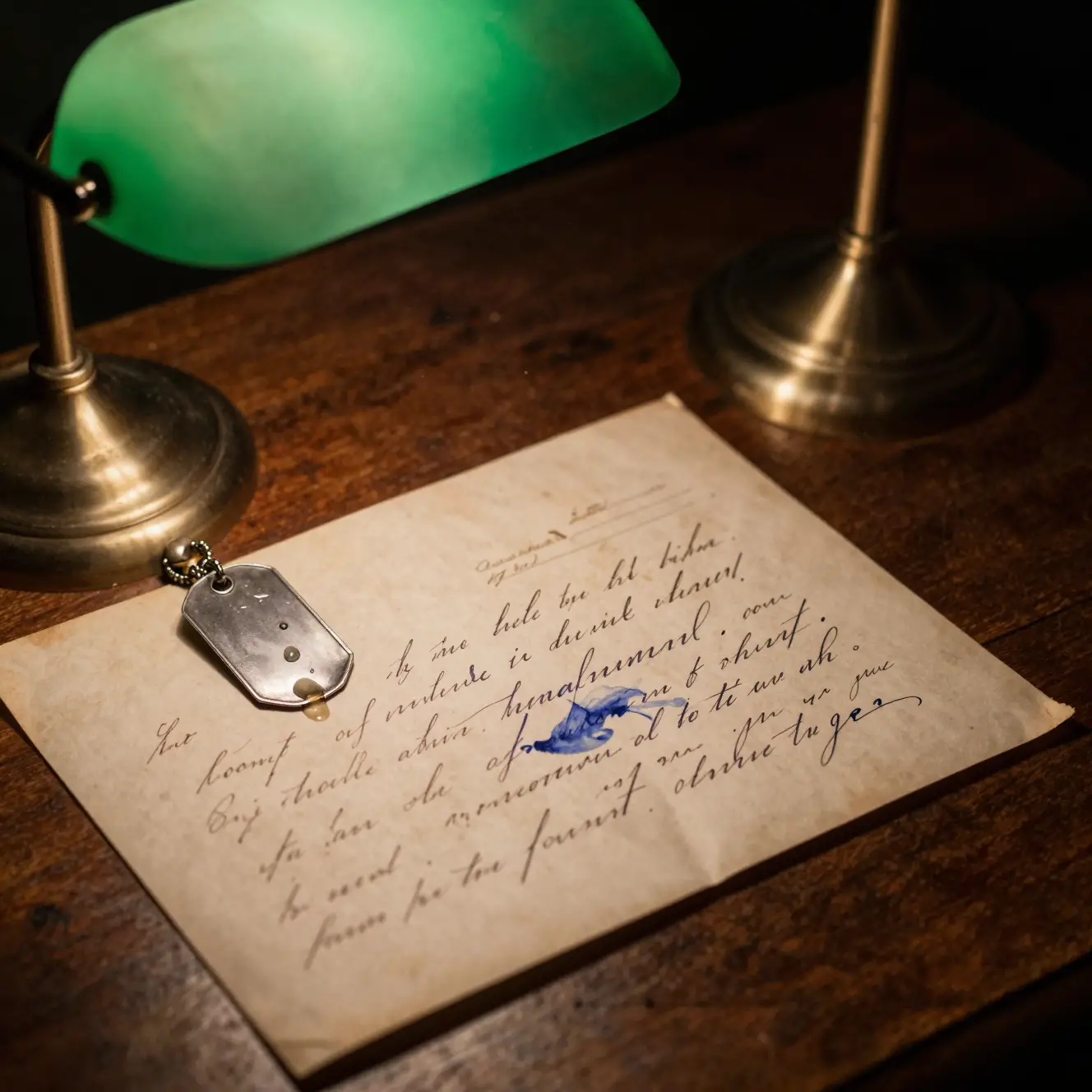 Lettre tachée de larmes et plaque militaire sous une lampe de bureau verte