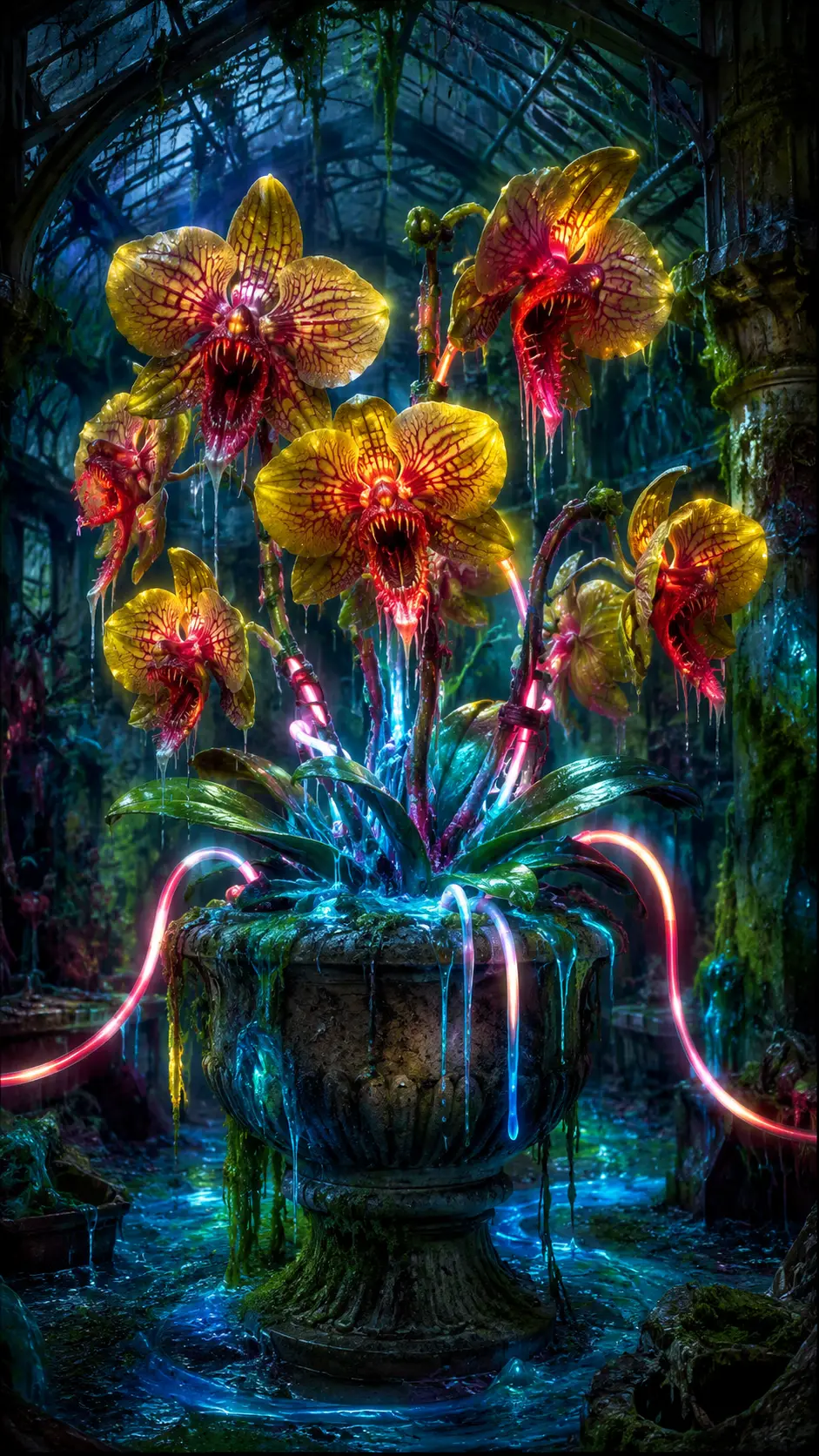 Creepy neon orchids in an abandoned victorian greenhouse