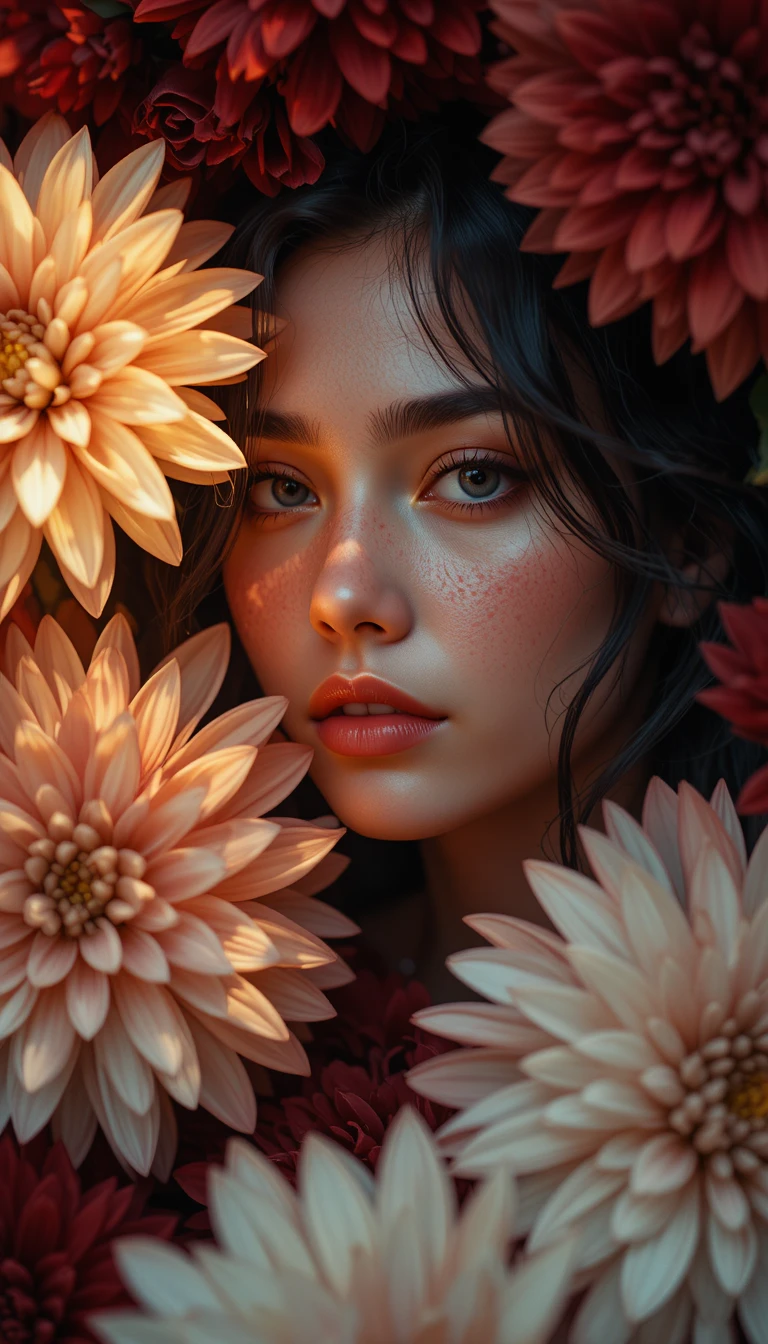 Young woman framed by crimson and white flowers