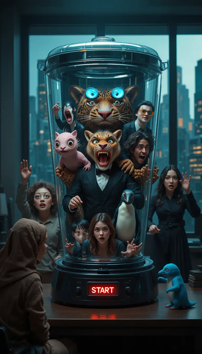 Anthropomorphic characters trapped in a glass blender