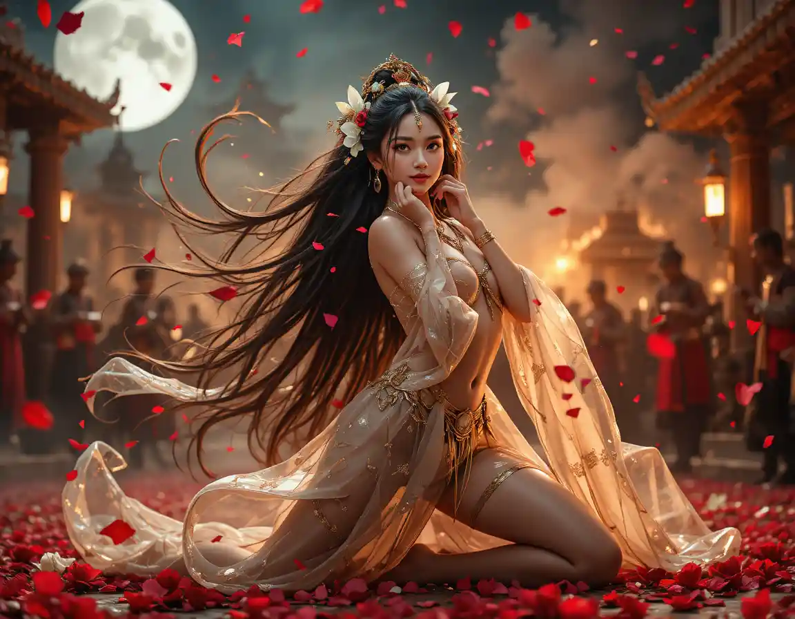 Enchanting fantasy dancer amid moonlit rose petal storm