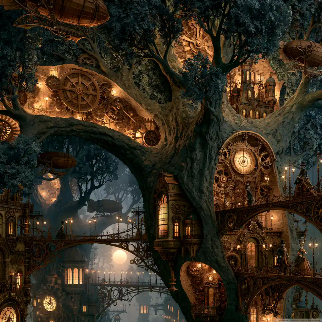 Majestic steampunk city carved inside a colossal tree
