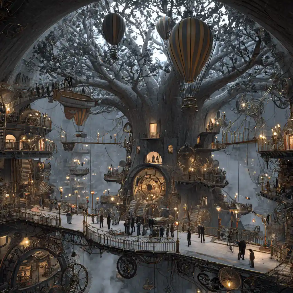 Majestic steampunk city carved inside a colossal ancient tree