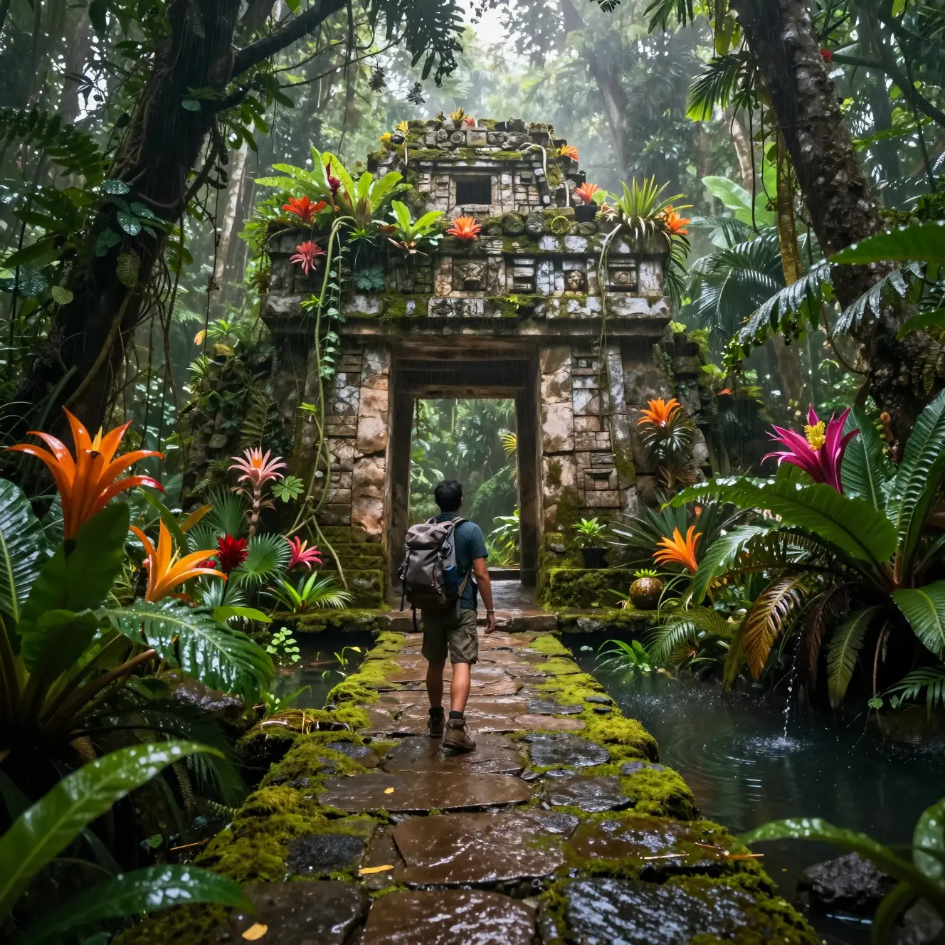 Hiker Approaching Ancient Stone Gate In Misty Jungle