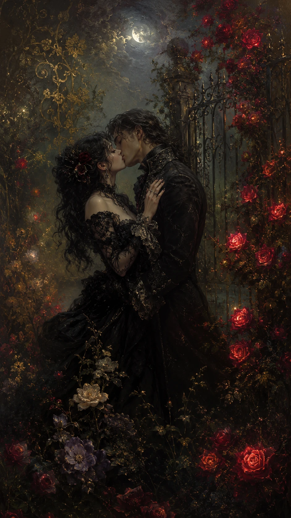 Gothic couple kissing in a mystical night garden