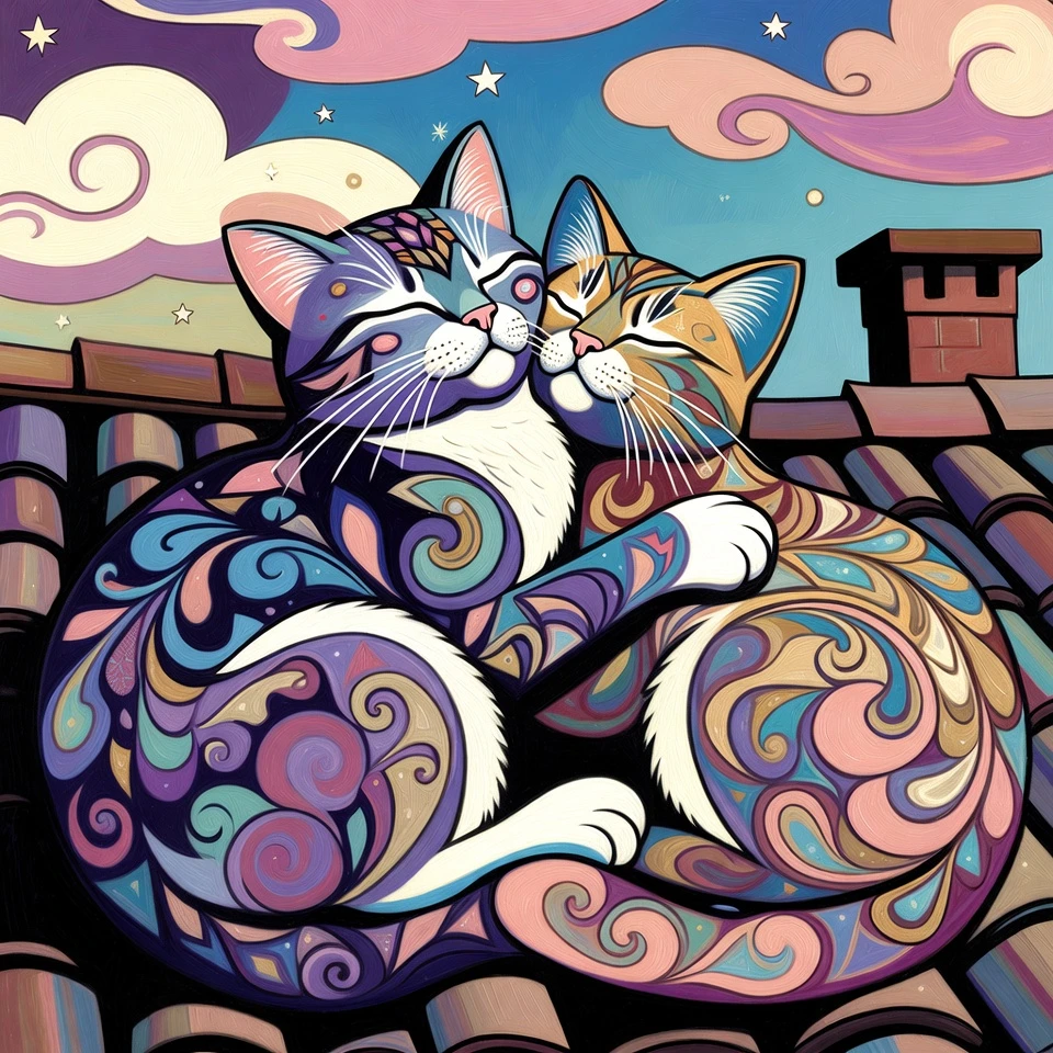 Colorful ornate cats in love sitting together on a rooftop