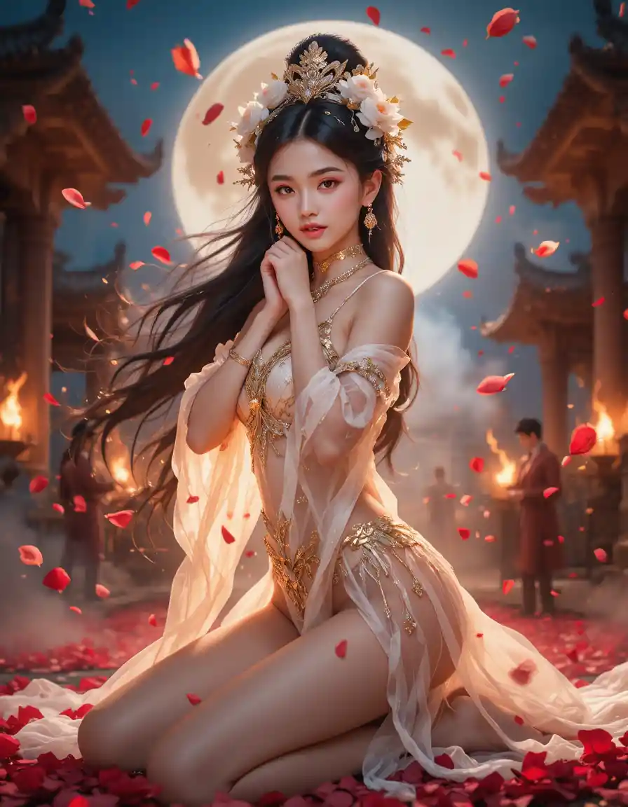 Fantasy dancer with roses under magical moonlit sky