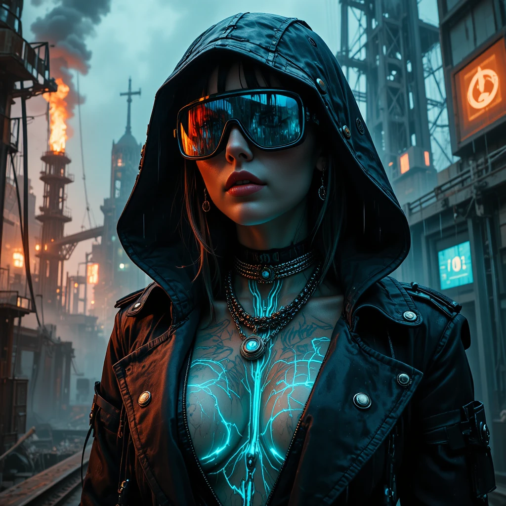 Cyberpunk femme fatale in hooded tactical trench coat