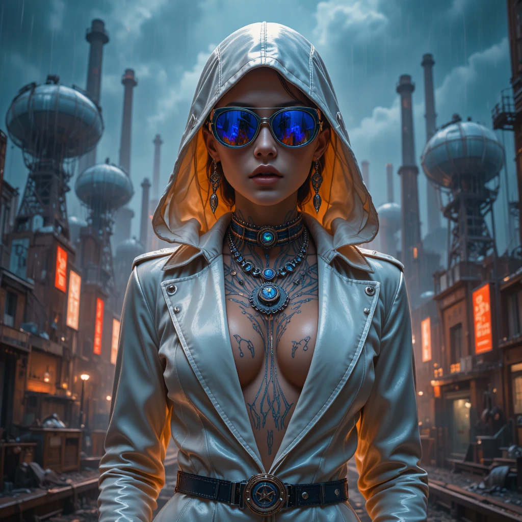 Cyberpunk outlaw woman in glowing industrial portrait