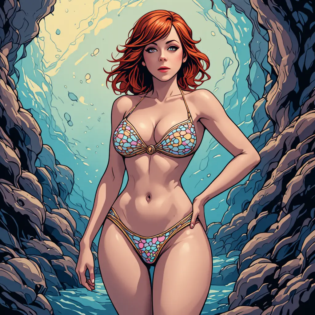 Donna sensuale in bikini di conchiglie in una vivace scena di Atlantide