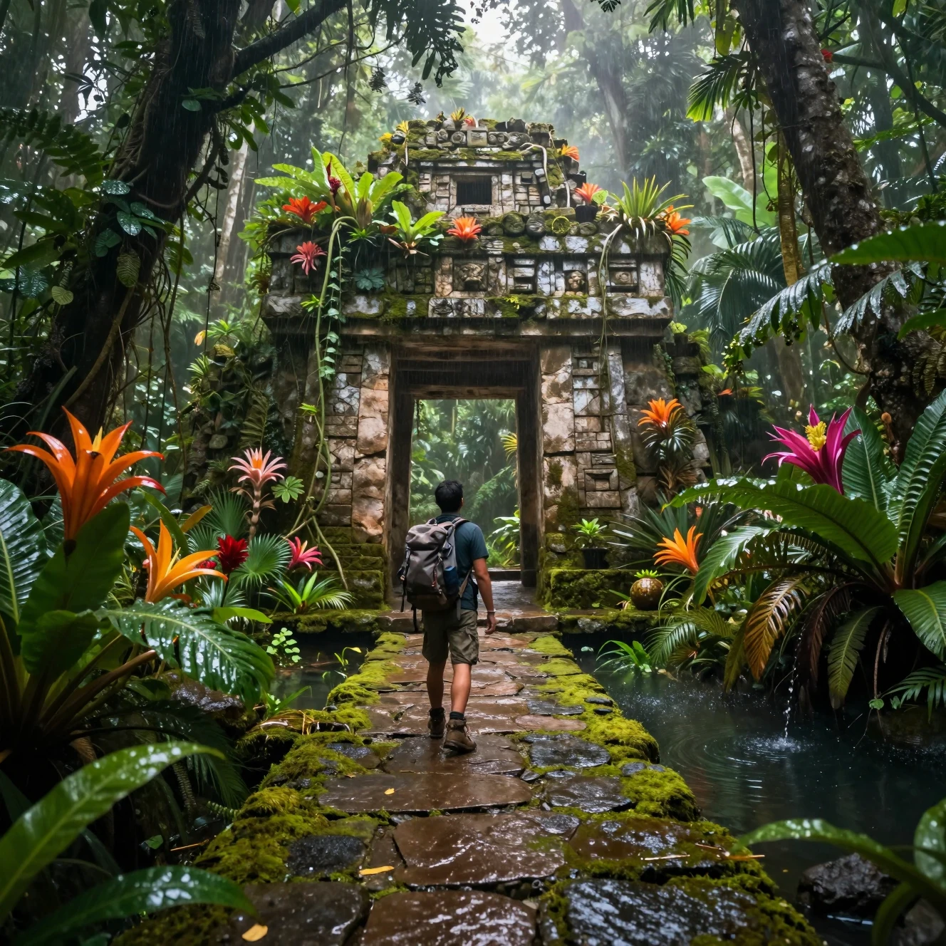 Hiker Approaching Ancient Stone Gate In Misty Jungle