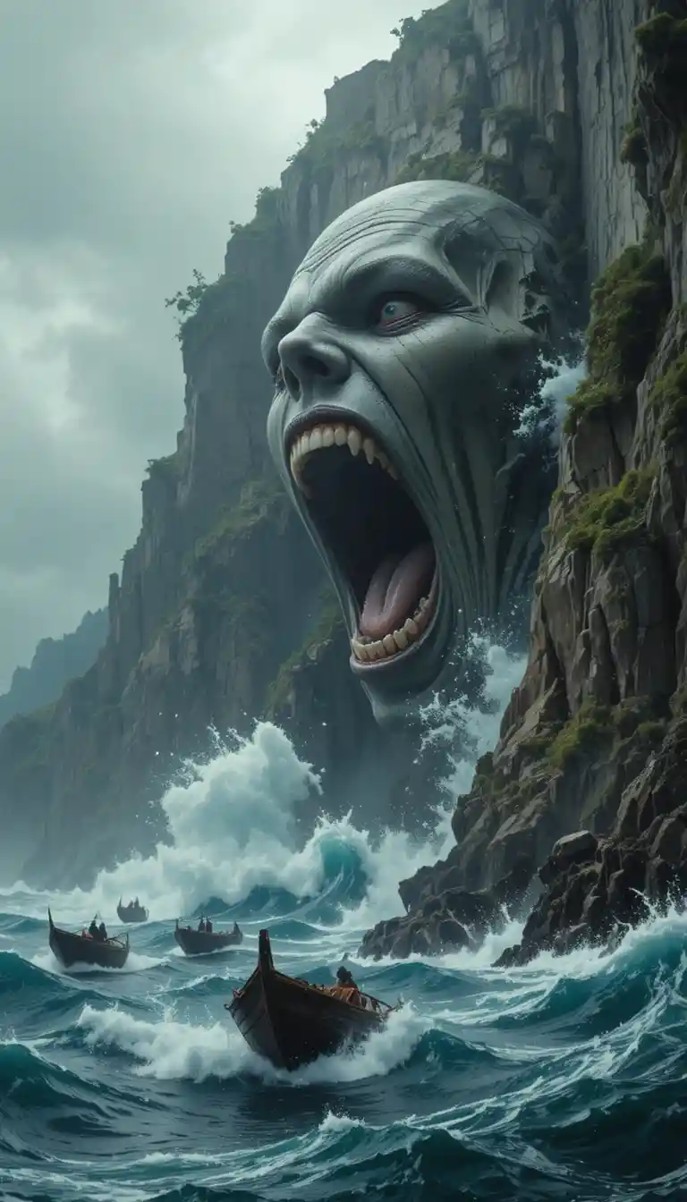 Colossal stone face towering above stormy ocean cliffs