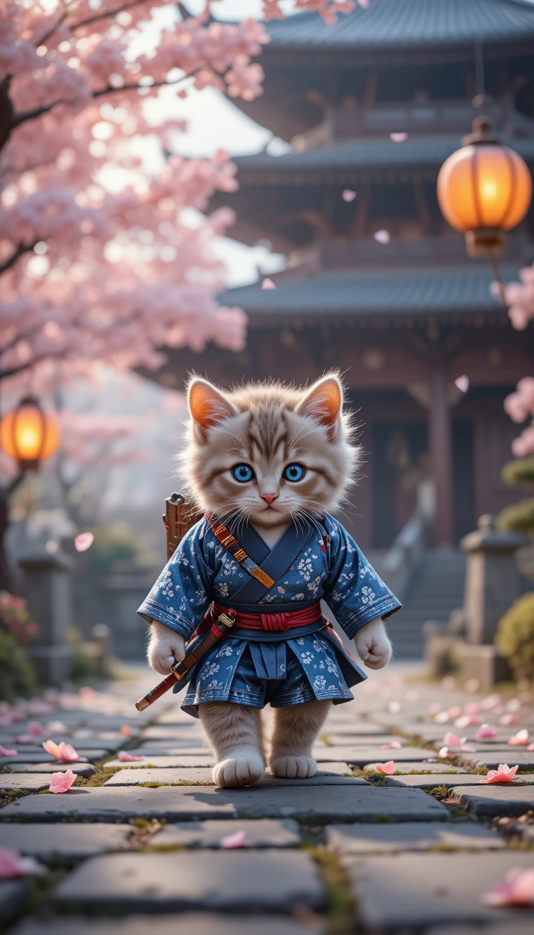 Cute samurai kitten walking along a stone path