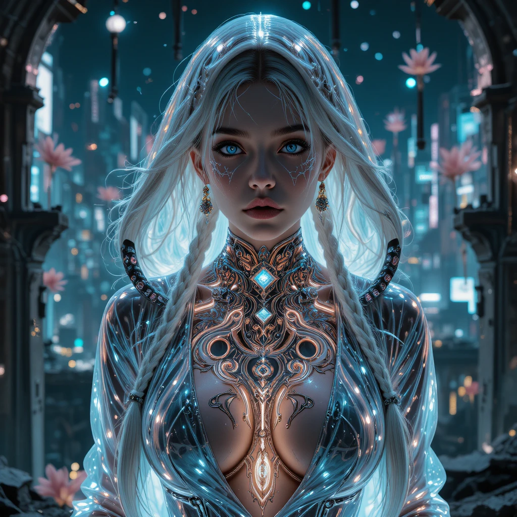 Surreal space punk goddess in neon sci fi sanctuary