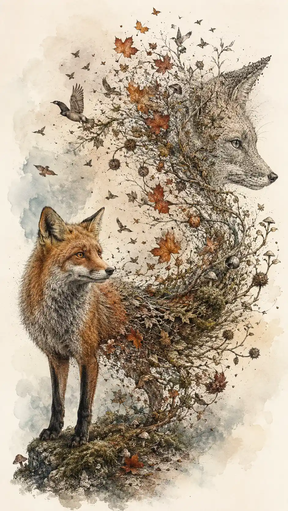 Fox dissolving into swirling botanical forms in empty space