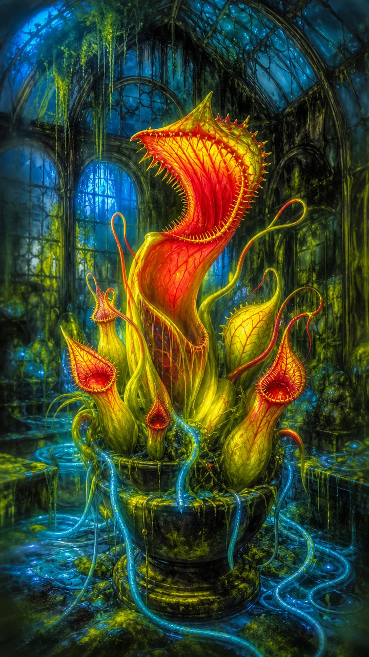 Creepy Neon Carnivorous Plant In Old Victorian Greenhouse
