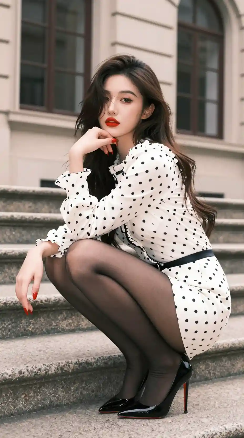 Young woman on stone steps in elegant vintage outfit