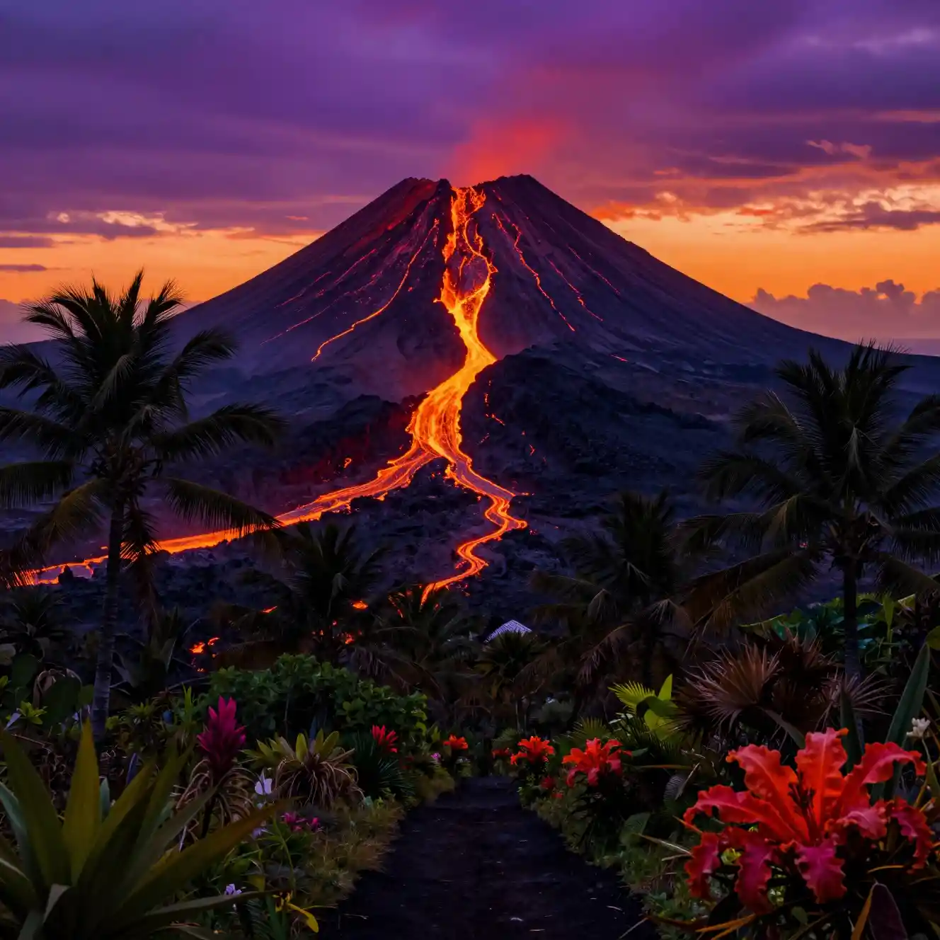 Glowing Volcano Island At Sunset With Jungle Path