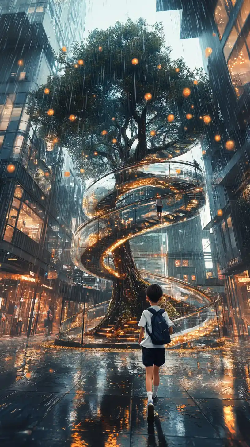 Schoolboy Running Down Rainy Spiral Stairs At Night
