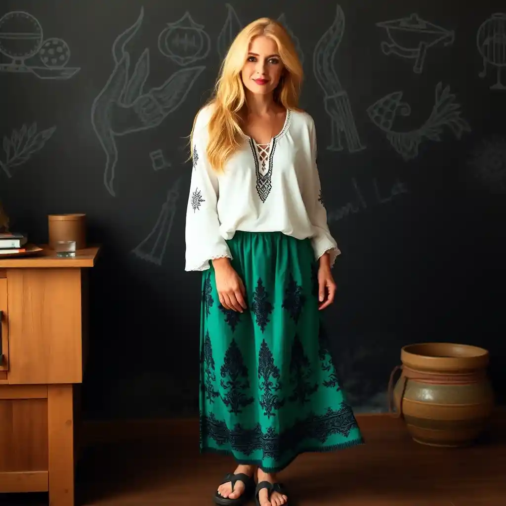 Forty year old teacher in hippy style blouse and skirt