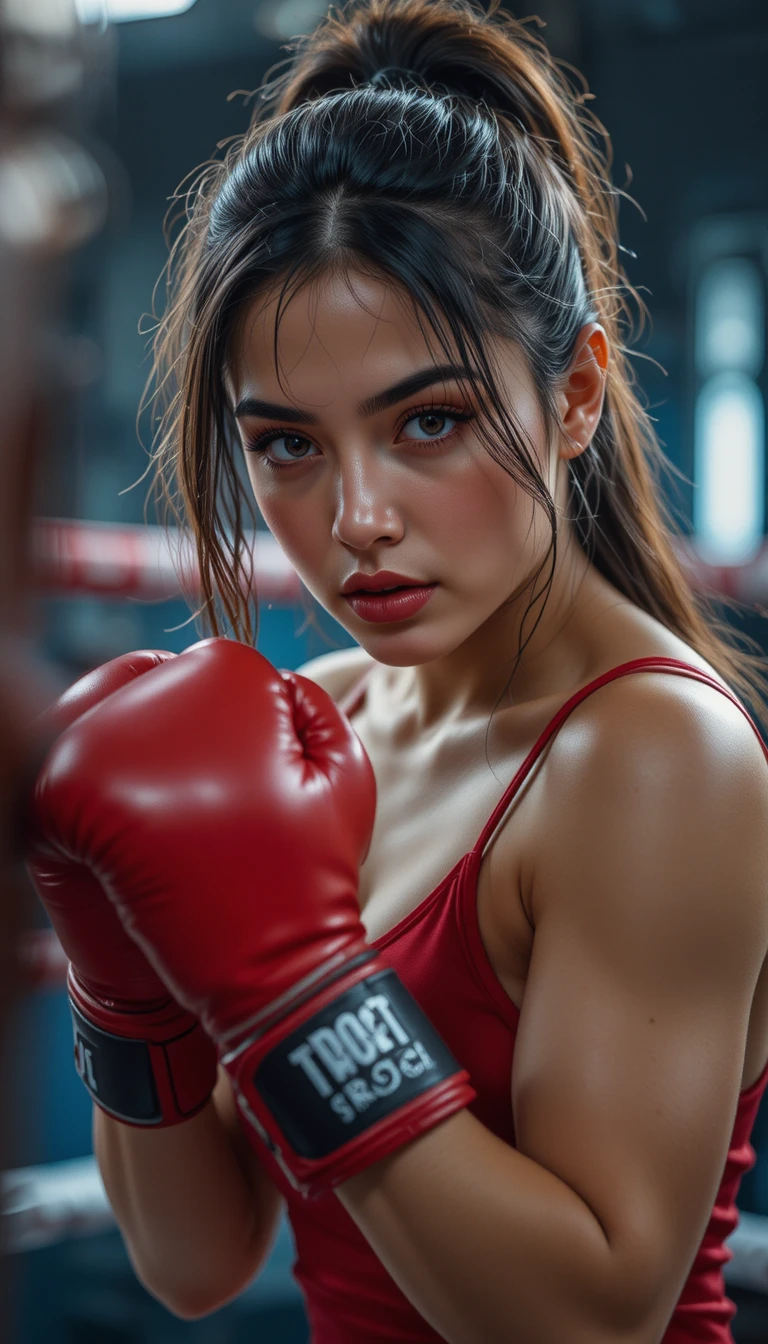 Close up female boxer punching bag in the ring