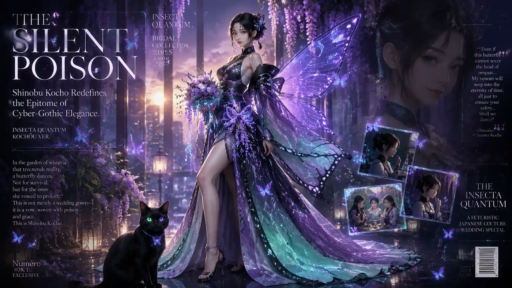 Futuristic bridal heroine with luminous quantum butterfly wings