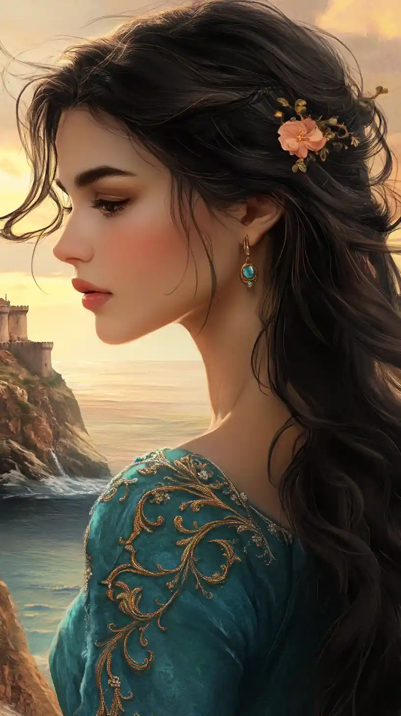 Elegant girl in profile before a dreamy coastal kingdom
