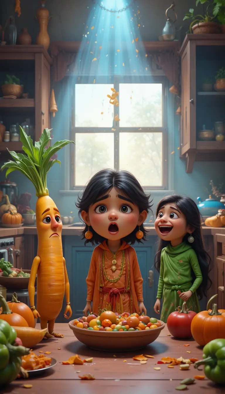 Anthropomorphe indische Gemüse in einer dramatischen Küchenszene