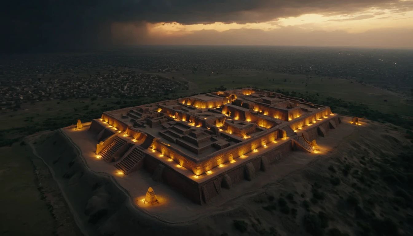 Cinematic aerial night view of ancient ruins in Pakistan