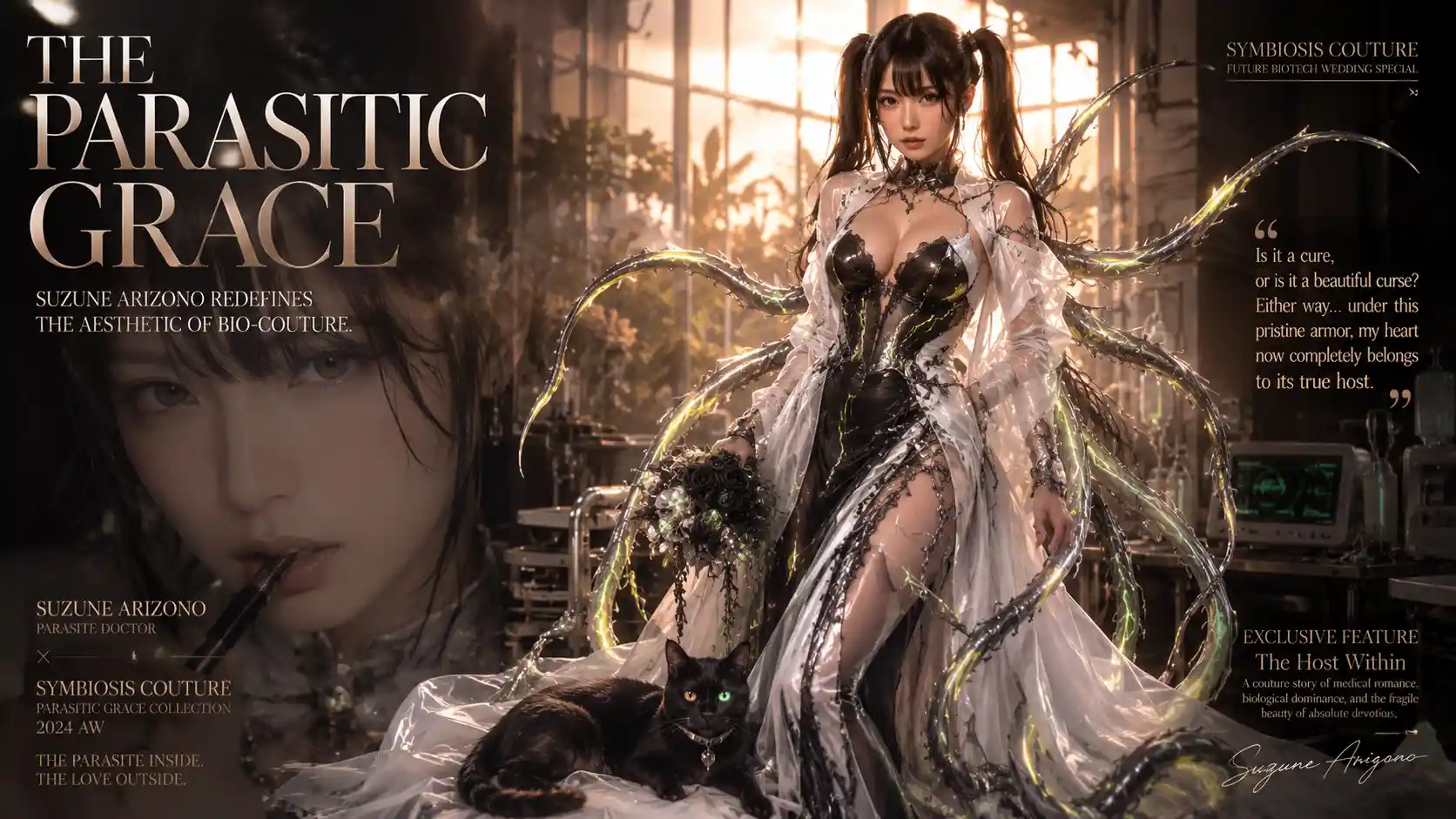 Futuristic bridal doctor with biomechanical tendrils in a lab