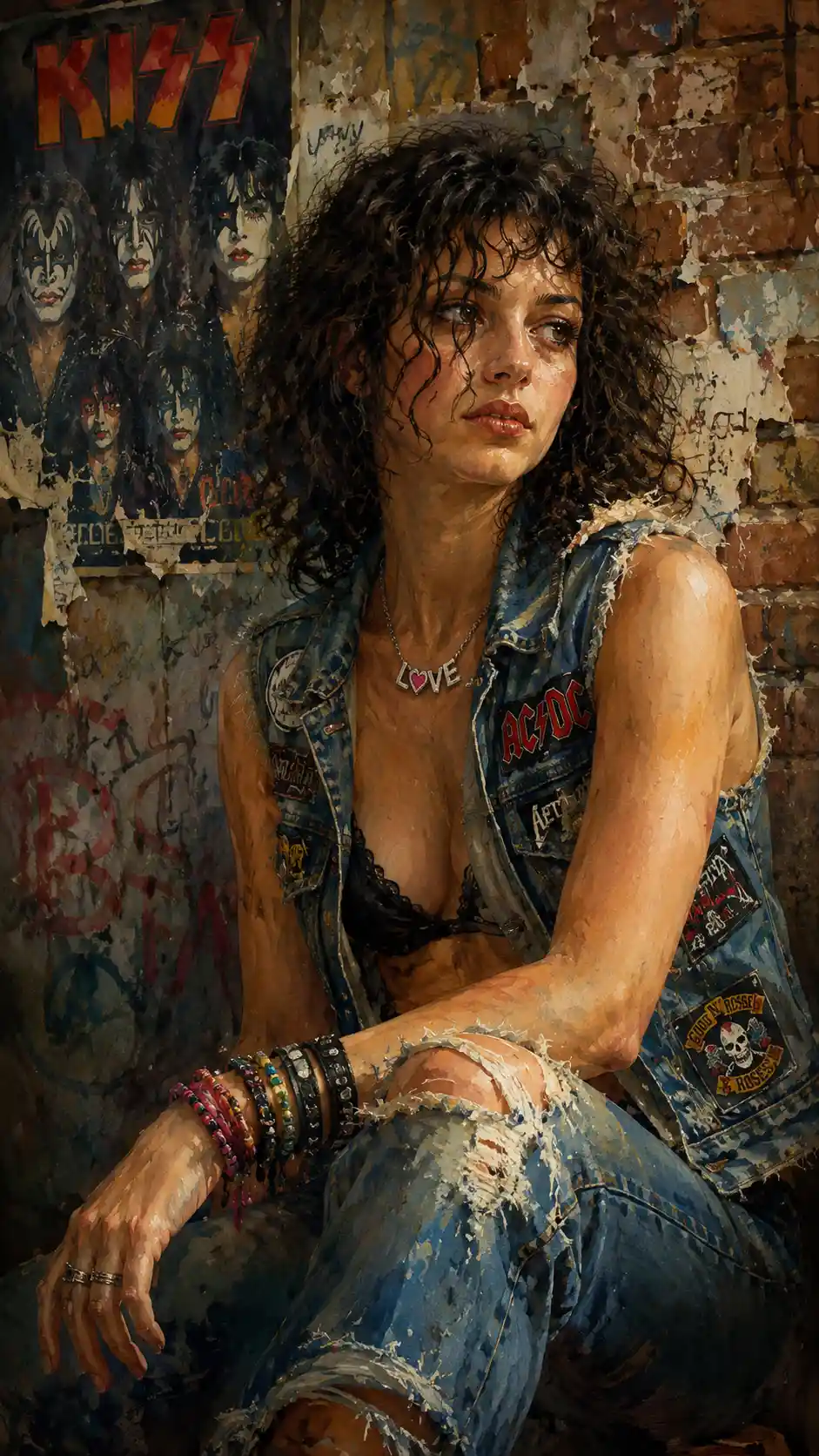 Young Italian woman in denim against worn urban wall