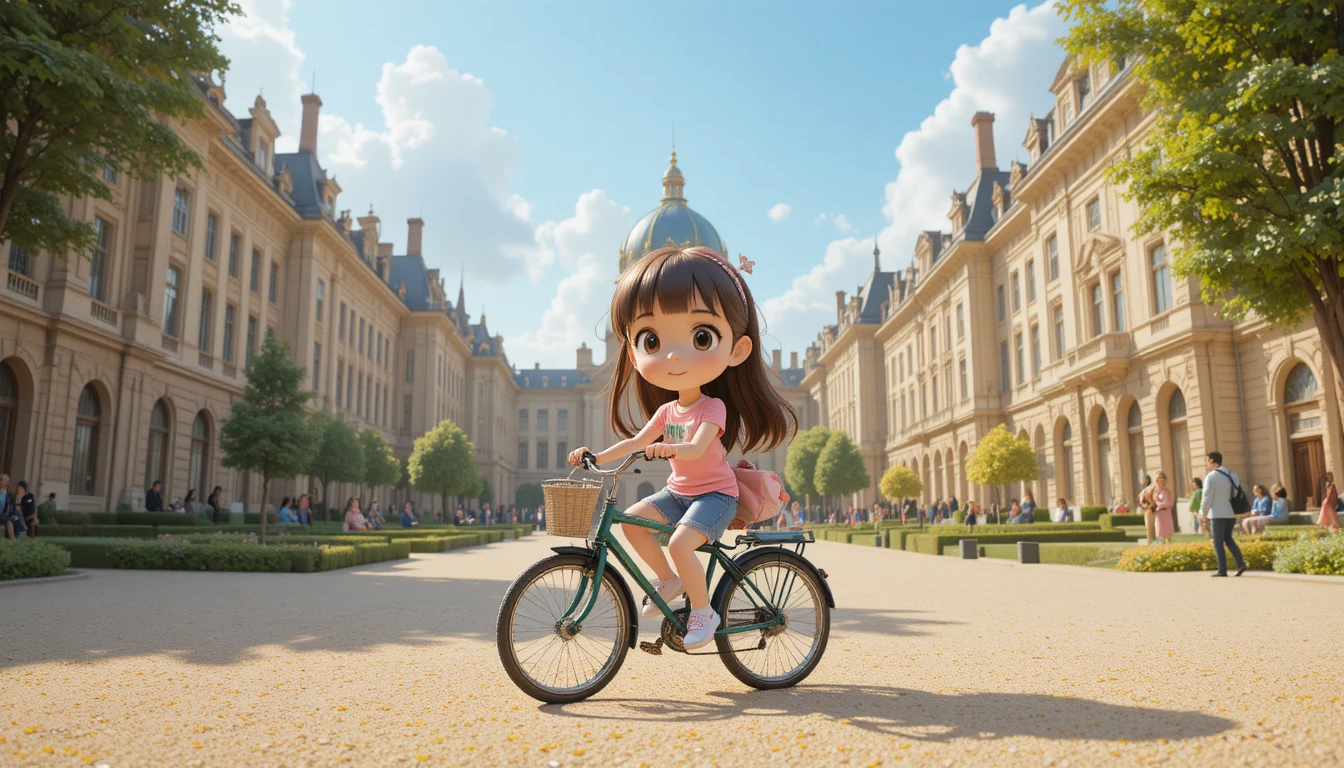 Cute 3D cartoon girl riding a bicycle in a city