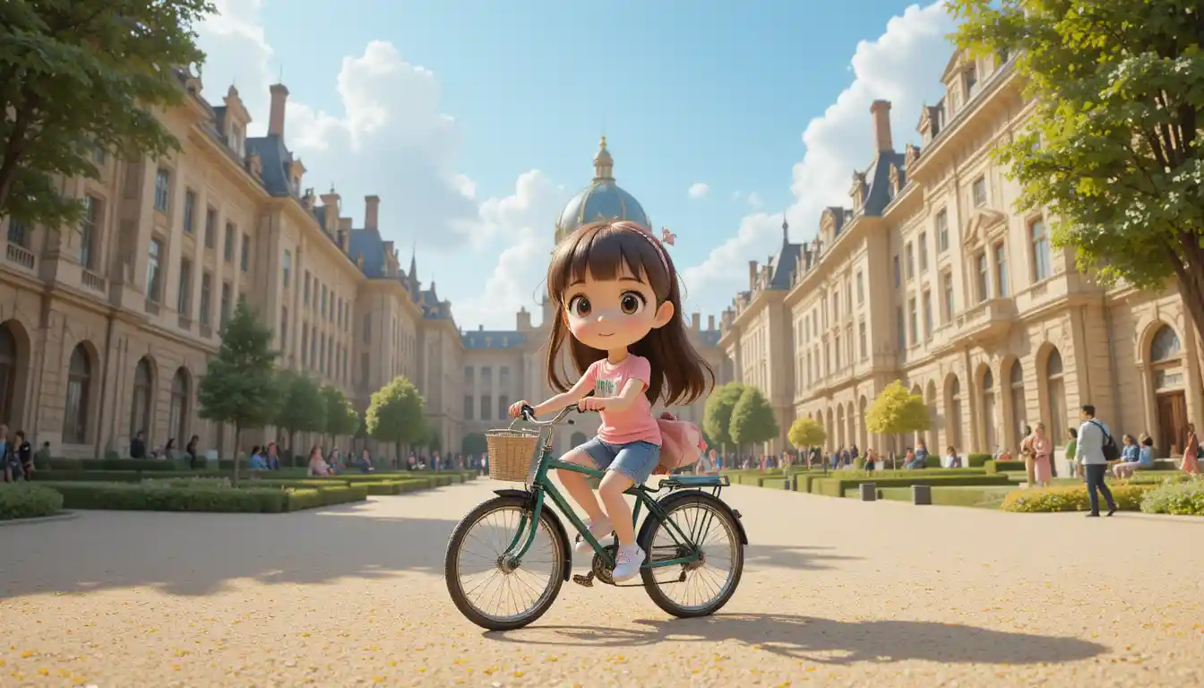 Cute 3D cartoon girl riding a bicycle in a city