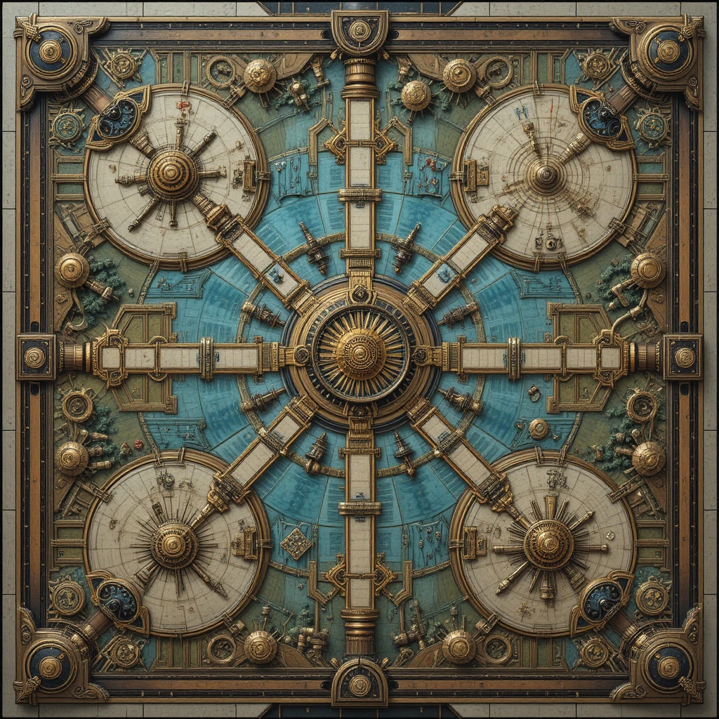 Top down steampunk board game with clean organized layout