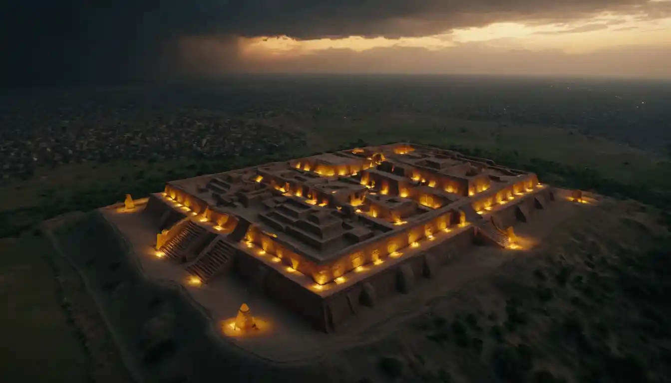Cinematic aerial night view of ancient ruins in Pakistan