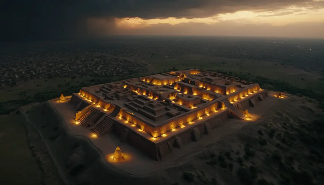 Cinematic aerial night view of ancient ruins in Pakistan