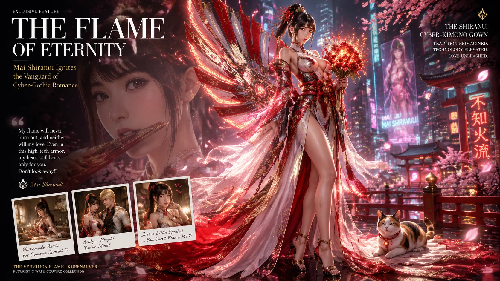 Futuristic bride in crimson cyber kimono on neon terrace